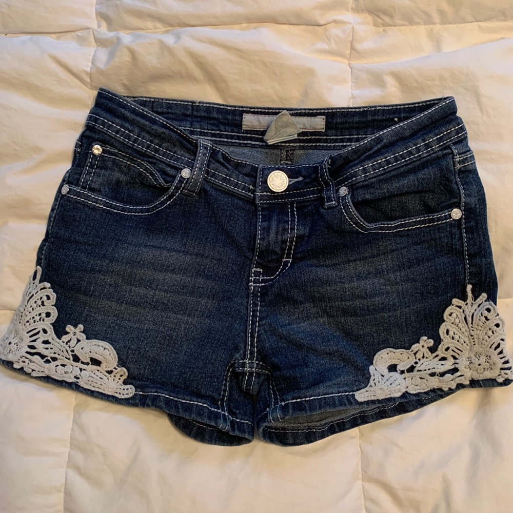 Cute Jeans Shorts with Crocheted Embellishments by Free Planet. Size 12 Girls.